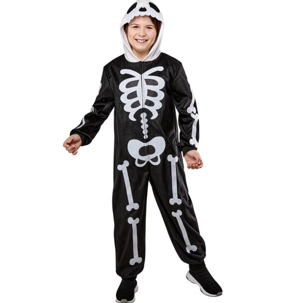 Skeleton Halloween Costume 6/8 Black Zip Up Hooded Jumpsuit 1 Piece Kids